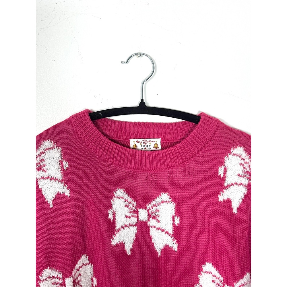 Merry Christmas by Poof hot pink bow sweater knit juniors small cropped s crew - Picture 6 of 6